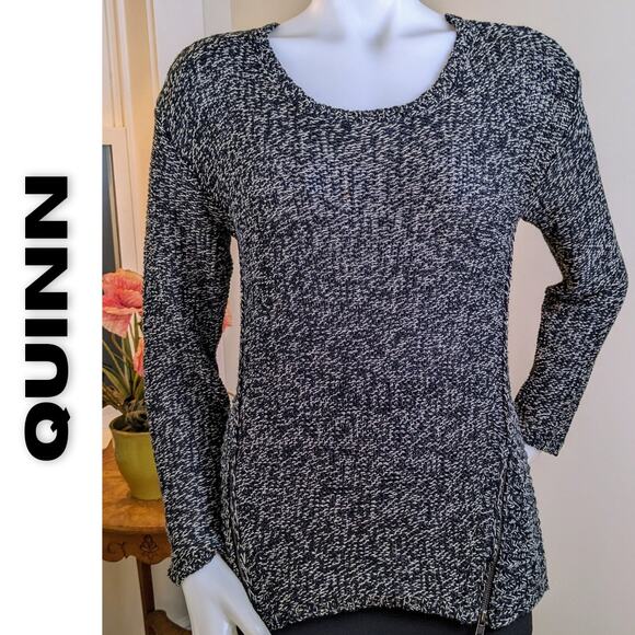 Quinn Sweater Black White Heather Zipper Accents High Low Scoop Neck Size Small - Picture 1 of 11